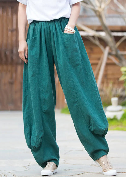 French Blue Pockets Elastic Waist Linen Pants Summer