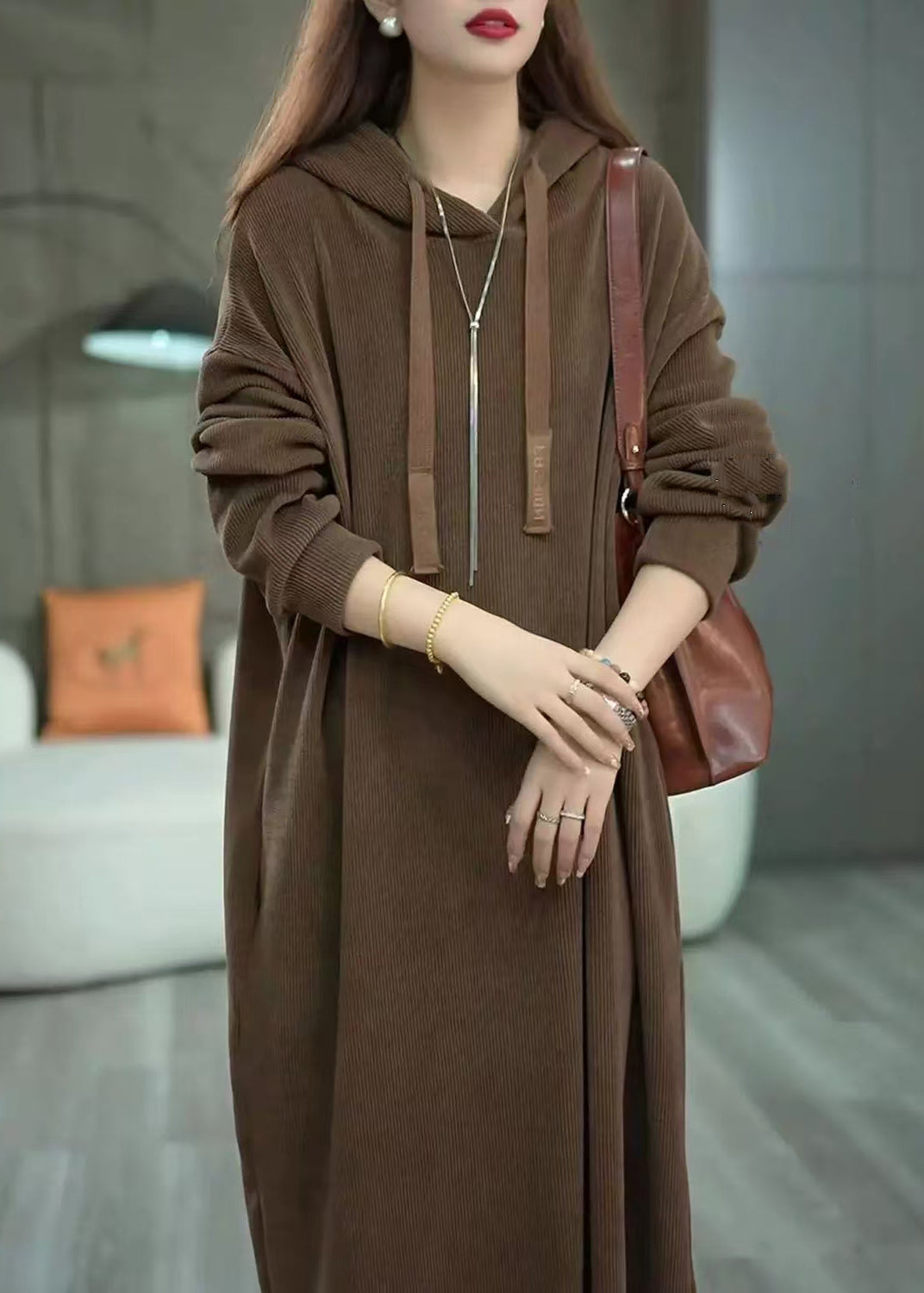 Loose Coffee Hooded Pockets Long Dress Winter