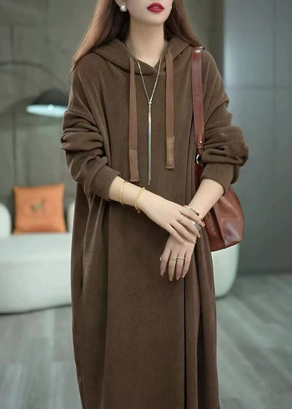 Loose Coffee Hooded Pockets Long Dress Winter