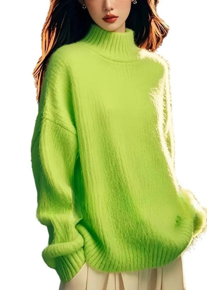Green Hign Neck Patchwork Knit Sweater Tops Spring
