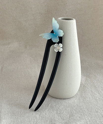 Blue Wooden Butterfly Hairpin