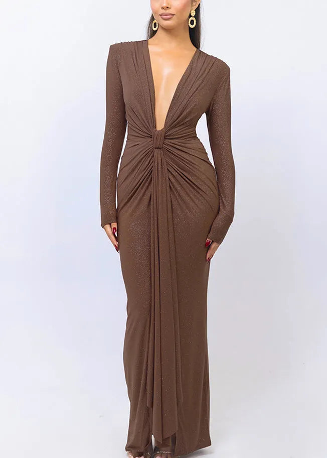 Slim Fit Coffee V Neck Wrinkled Party Dress Spring