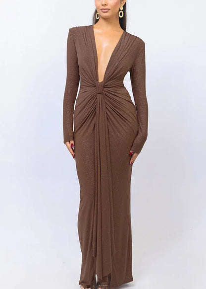 Slim Fit Coffee V Neck Wrinkled Party Dress Spring