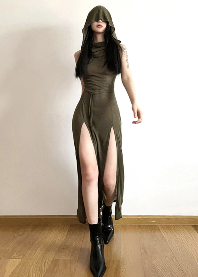 Original Design Army Green Side Open Hooded Dress Sleeveless