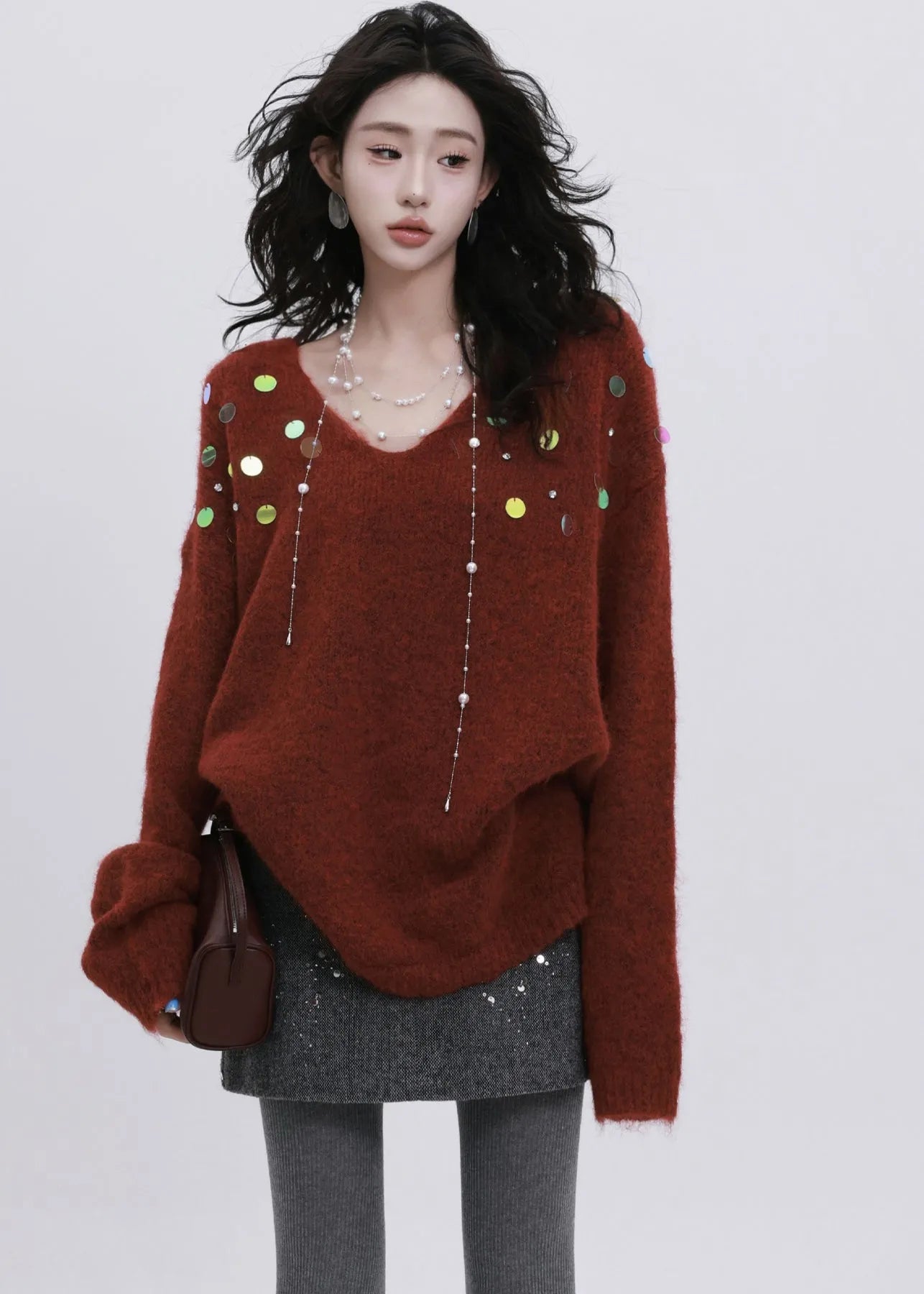 French Grey Sequins Rhinestone Knit Short Sweater Winter