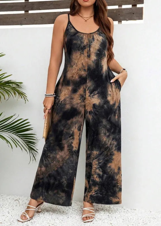 Organic Dark Brown Print Cotton Spaghetti Strap Jumpsuit Summer