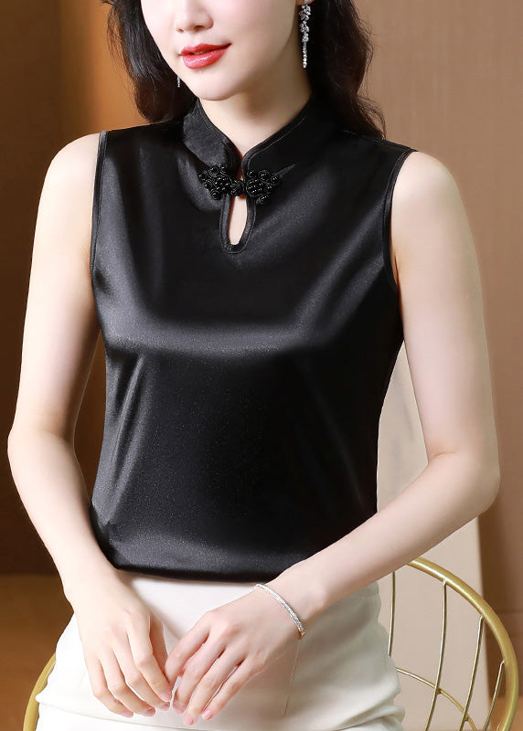 Black Button Stand Collar Silk Vest Summer