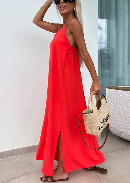 Rose Side Open Cotton Spaghetti Strap Dress Summer