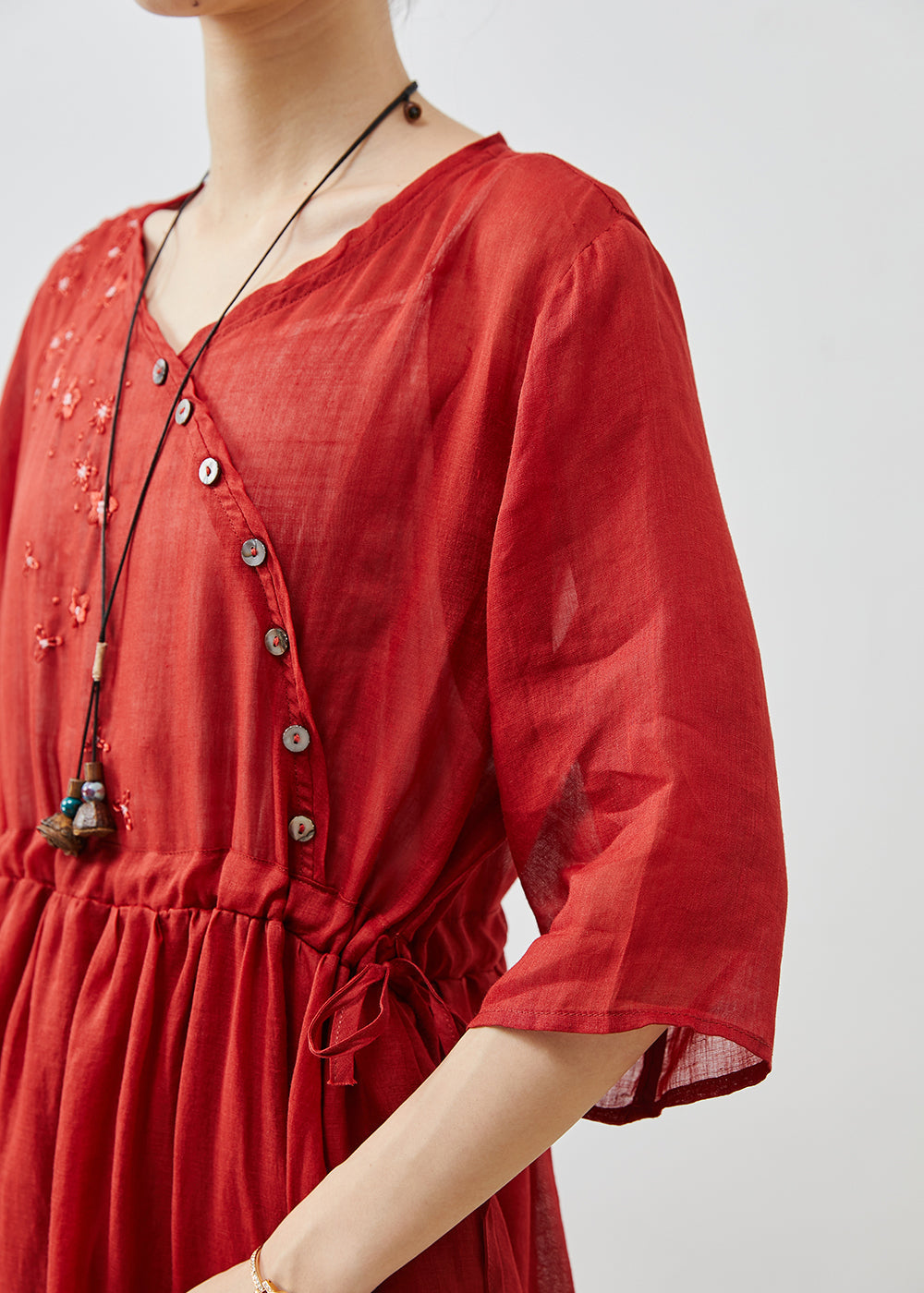 Red Embroidered Linen Cinched Dress Summer