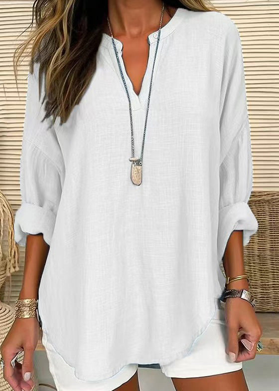 Blue V Neck Striped Cotton T Shirt Long Sleeve