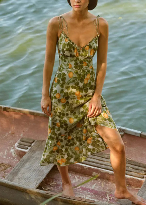Green Print Lace Up Cotton Spaghetti Strap Dress Summer