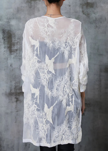 White Embroidered Chiffon Upf 50+ Long Shirt Summer