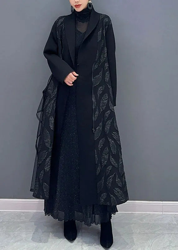 Black Notched Tulle Patchwork Maxi Cardigans Long Sleeve