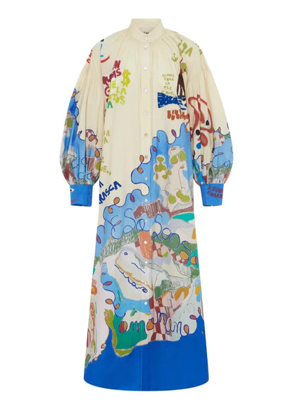 Stand Collar Print Button Long Dress Lantern Sleeve