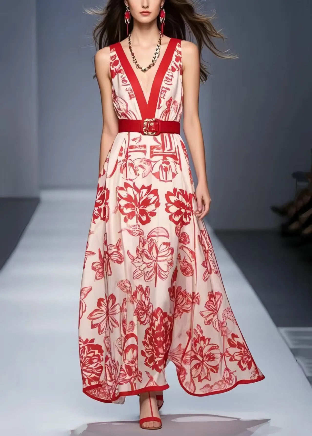 Modern Red V Neck Print Silk Tunic Dress Summer
