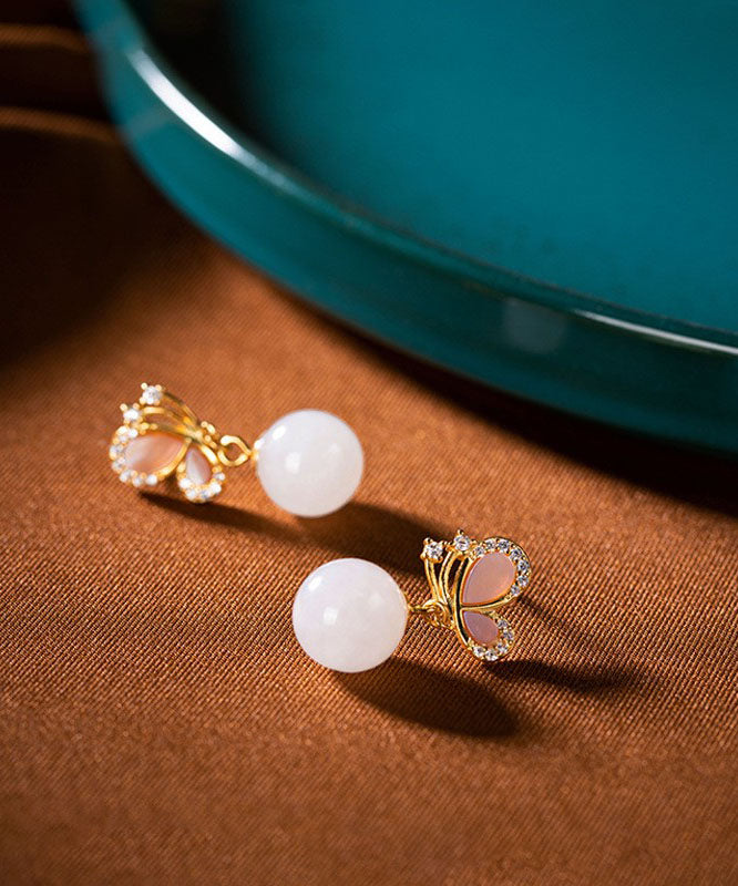 Diy Sterling Silver Jade Butterfly Zircon Drop Earrings