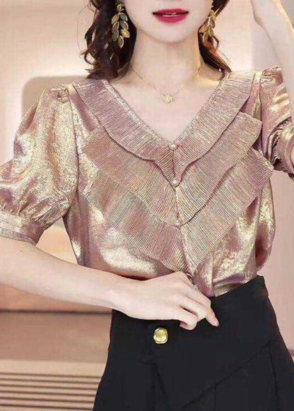 French Gold V Neck Ruffled Patchwork Silk Shirt Tops Summer