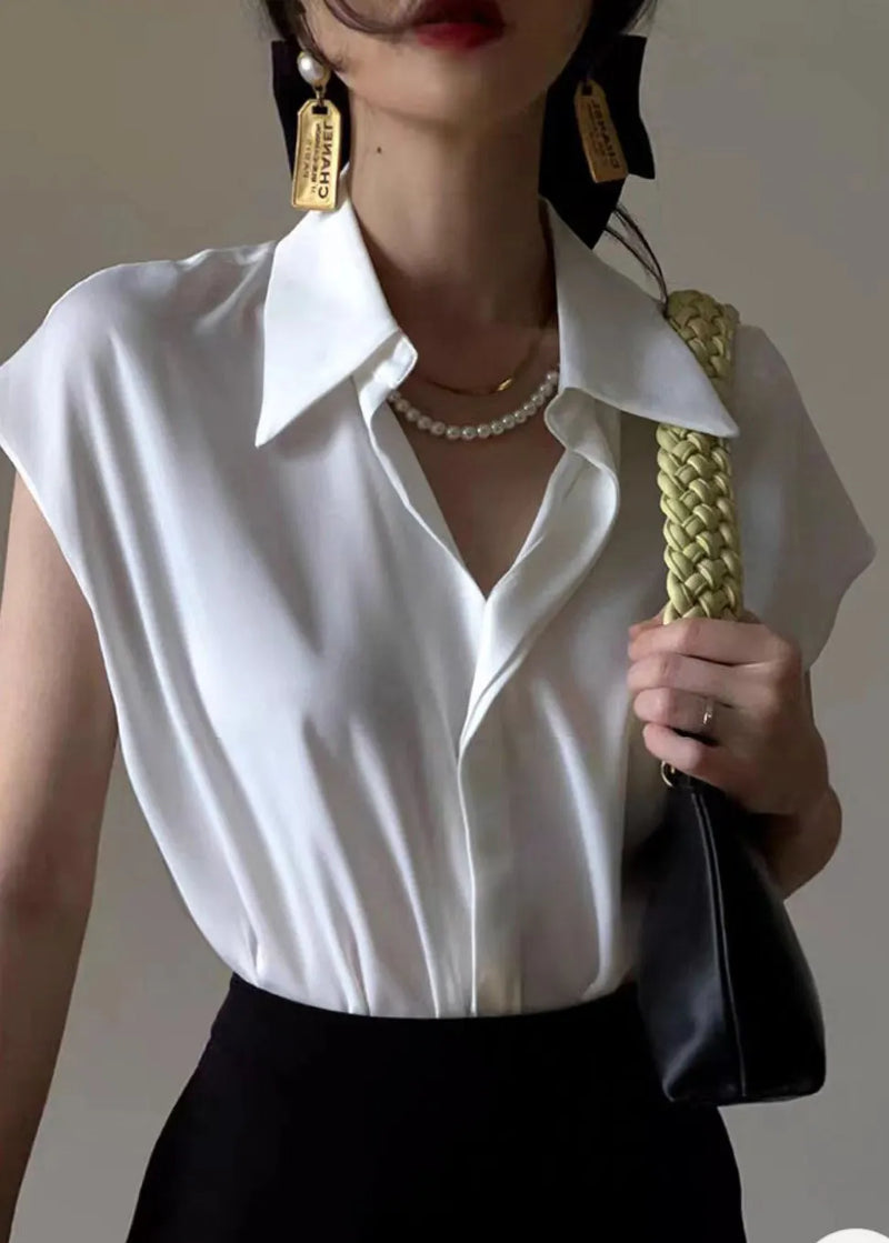 Stylish White Peter Pan Collar Silk Cotton Shirt Short Sleeve