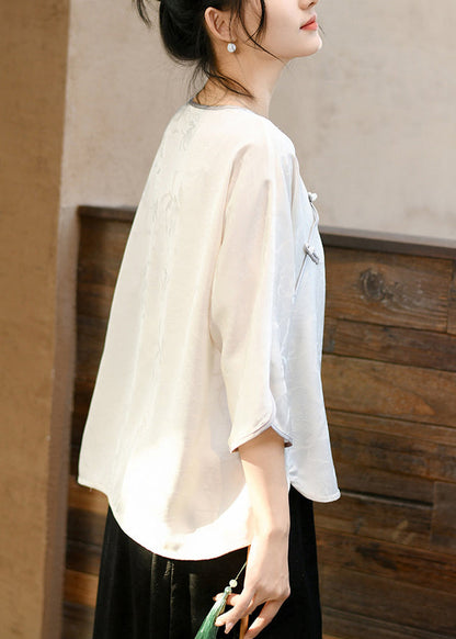 New Beige O Neck Tassel Jacquard Silk Shirt Tops Spring