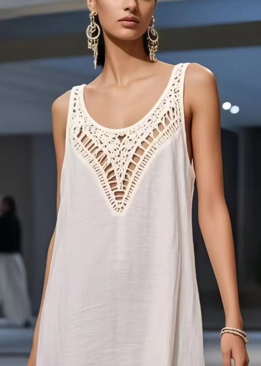 Simple White Asymmetrical Patchwork Hollow Out Sundress Summer
