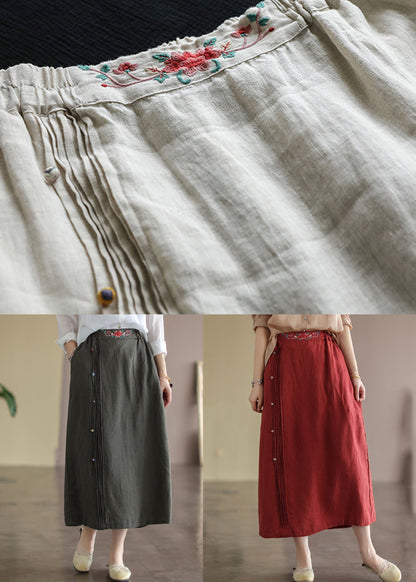Beige Embroidered Pockets Patchwork Cotton Skirts Summer