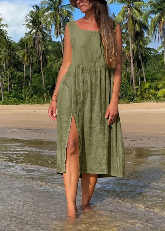 Purple O Neck Side Open Cotton Dress Sleeveless