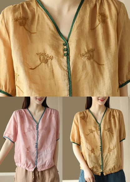 Yellow V Neck Embroidered Patchwork Linen Top Summer