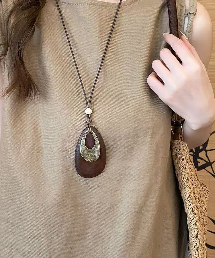 Black Wooden Patchwork Waxed Cord Sweater Pendant Necklace