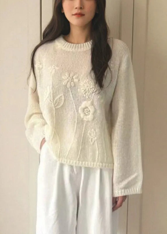 Loose Pink O-neck Cotton Knit Sweater Fall