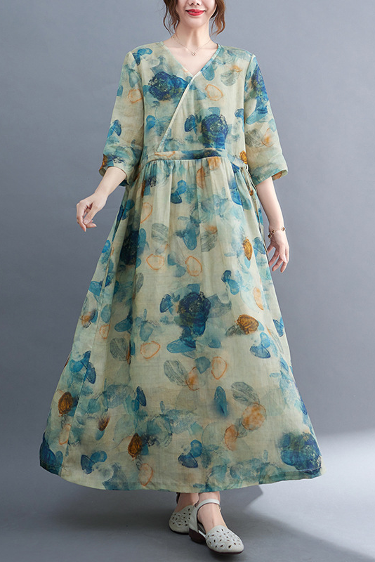New Summer Blue Print Dress Ramie Short Sleeve Long Dress