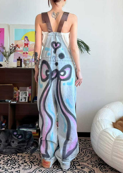 Loose Blue Patchwork Tie Dye Little Cats Pockets Denim Jumpsuit Summer