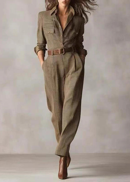 Modern Khaki Peter Pan Collar Plaid Cotton Jumpsuit Fall