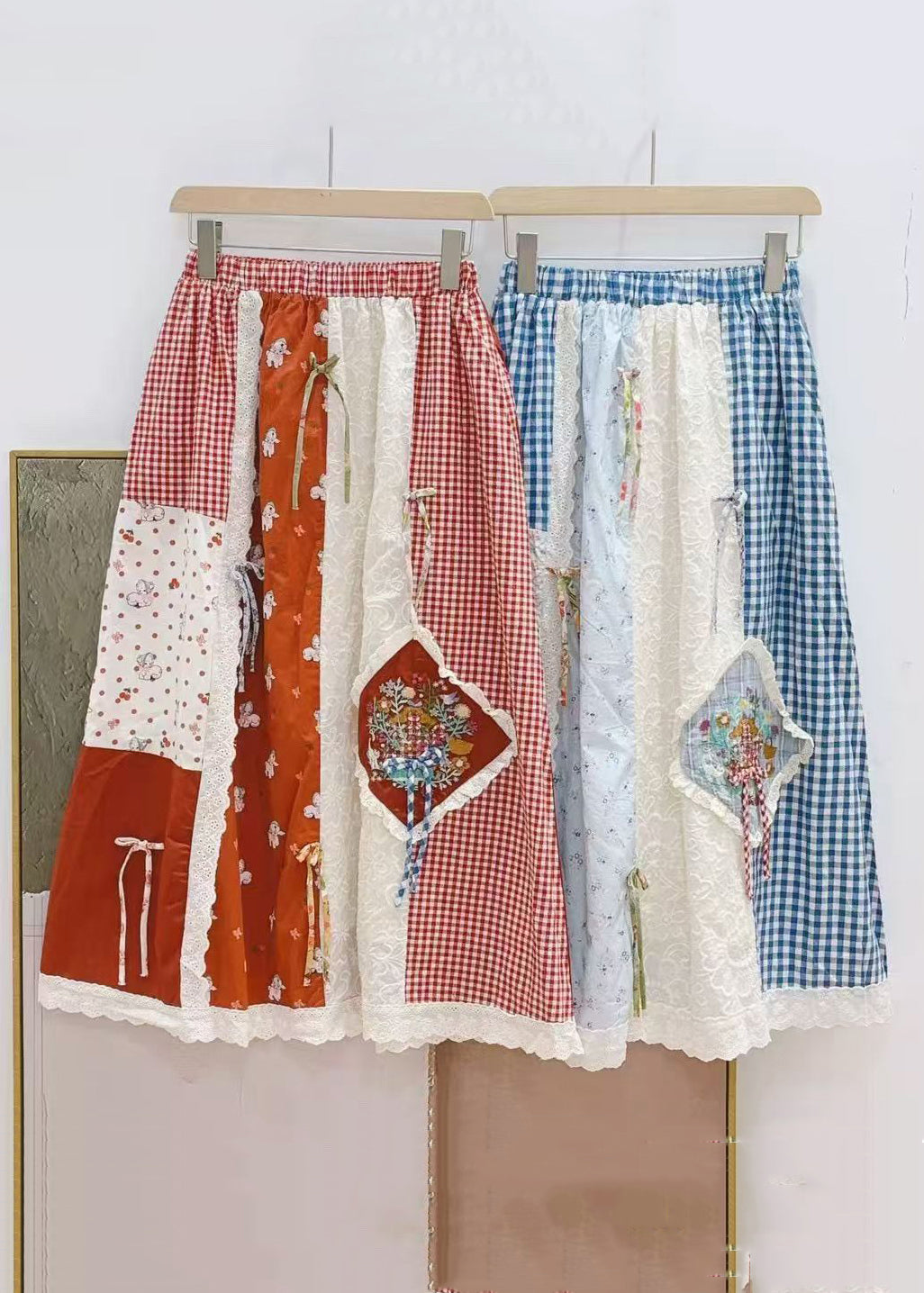 Red Plaid Elastic Waist Patchwork Cotton Skirts Spring