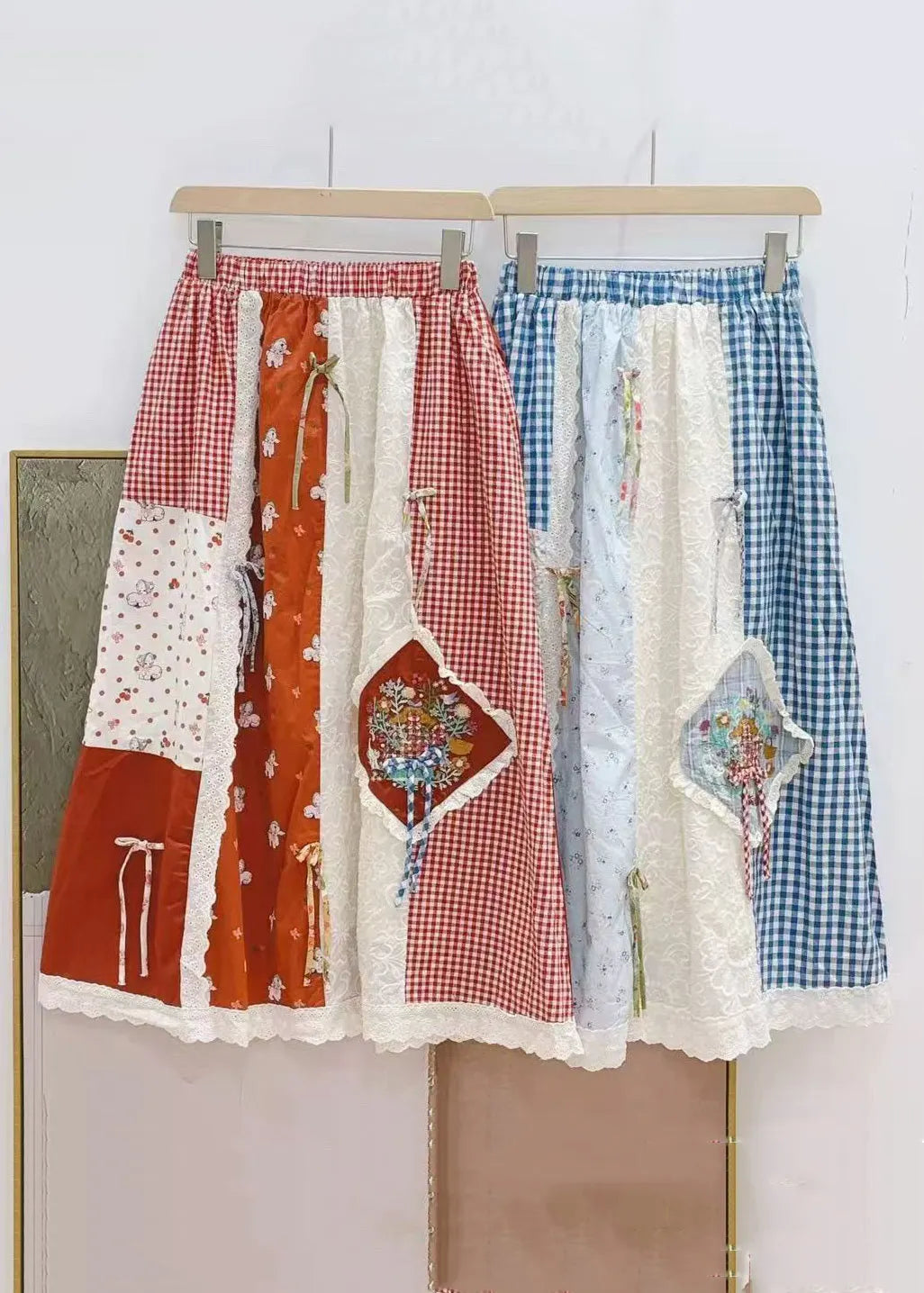 Red Plaid Elastic Waist Patchwork Cotton Skirts Spring