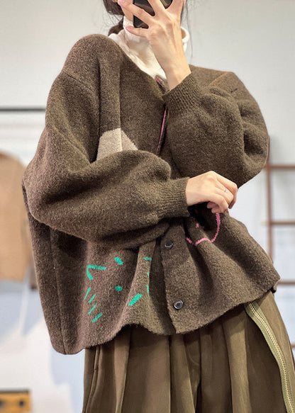 Coffee O Neck Button Knit Coat Long Sleeve