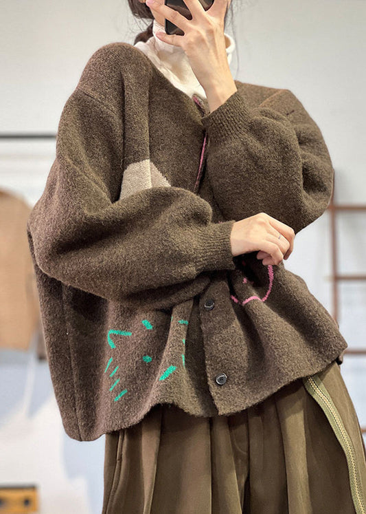 Coffee O Neck Button Knit Coat Long Sleeve