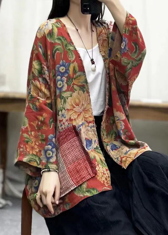 Print V Neck Pockets Cotton Cardigans Batwing Sleeve