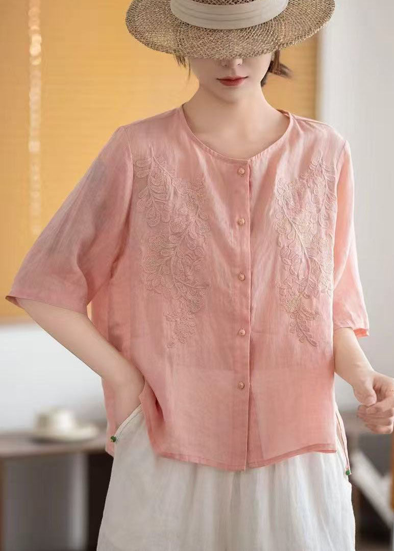 Grey Embroidered Linen Tops Half Sleeve