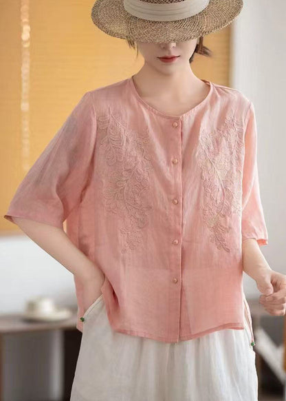 Grey Embroidered Linen Tops Half Sleeve