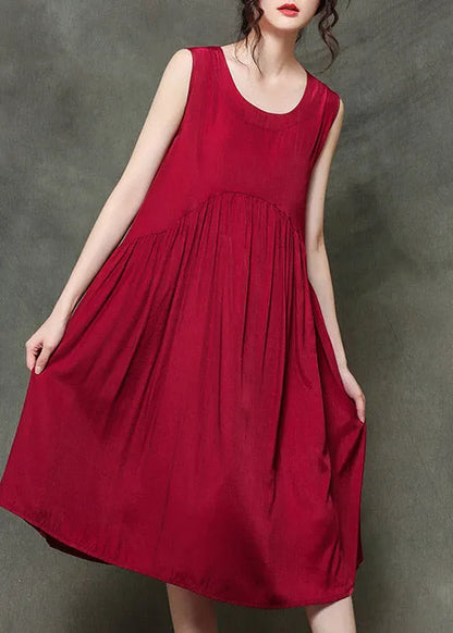 Red Polka Dot Stitching O-neck Wrinkled Long Dresses Sleeveless