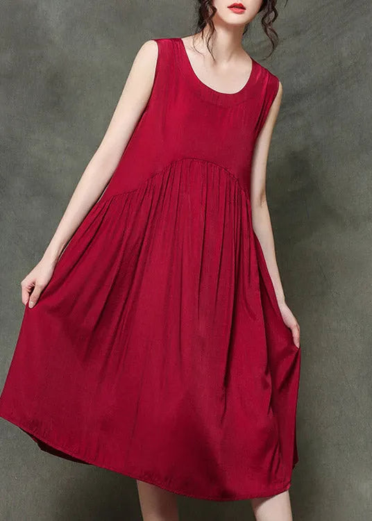 Red Polka Dot Stitching O-neck Wrinkled Long Dresses Sleeveless