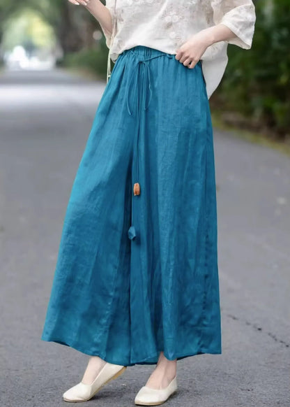 Loose Blue Lace Up Elastic Waist Cotton Wide Leg Pants Summer
