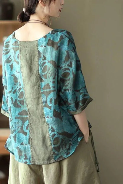 Print Ramie Loose Cinched T-shirt