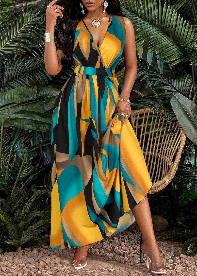 V Neck Print Wrinkled Cotton Dress Sleeveless