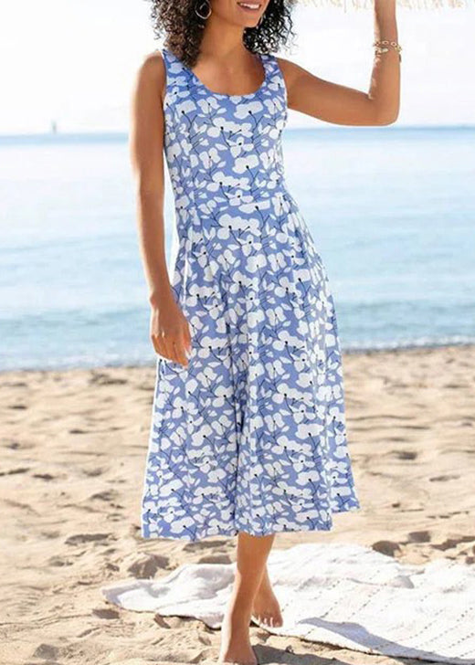 Khaki O Neck Print Cotton Vacation Dresses Sleeveless