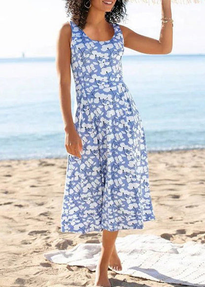 Khaki O Neck Print Cotton Vacation Dresses Sleeveless