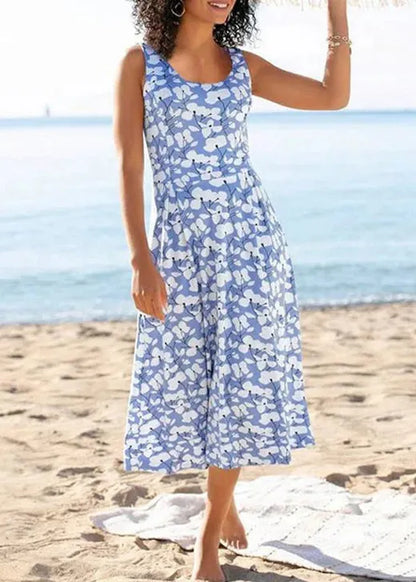 Khaki O Neck Print Cotton Vacation Dresses Sleeveless