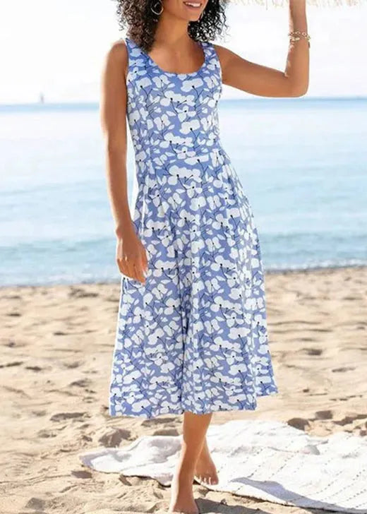 Khaki O Neck Print Cotton Vacation Dresses Sleeveless