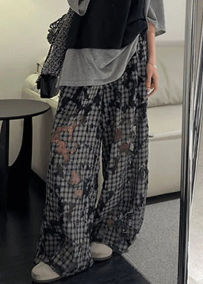 Plaid Hollow Out Patchwork Wide Leg Pants Spring