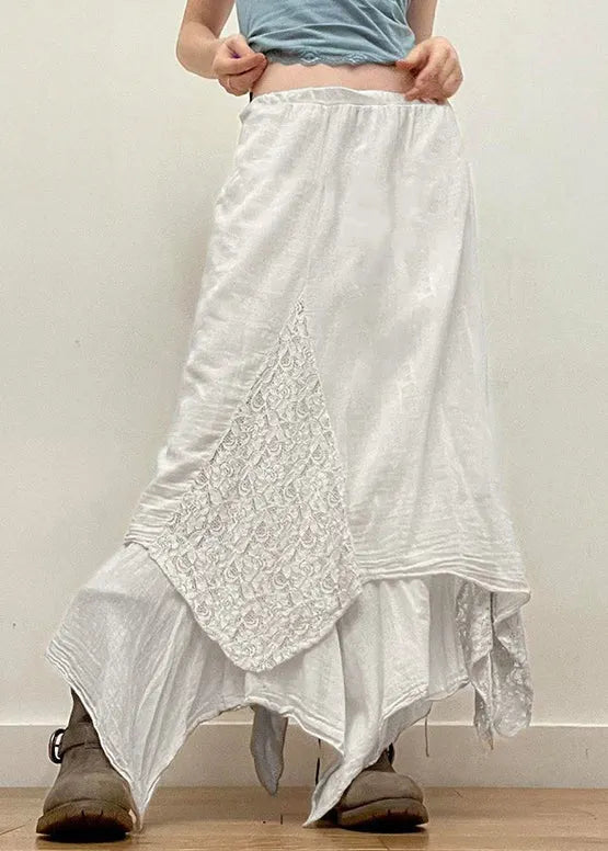 White Asymmetrical Lace Patchwork Skirts Summer